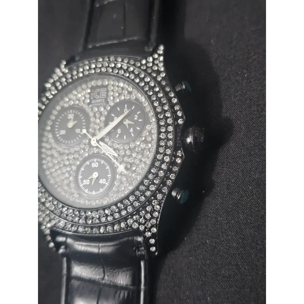 54.1mm black crystal stone Fashion Analog Quartz watch w/Black Faux Leather Band
